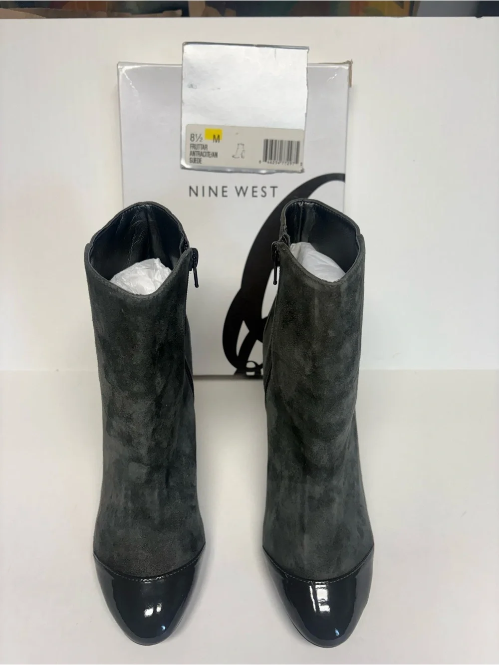 Nine West Charcoal Gray Suede Ankle Boots with Patent Toe